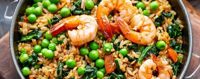 Жареный рис с креветками, шпинатом и зеленым горошком