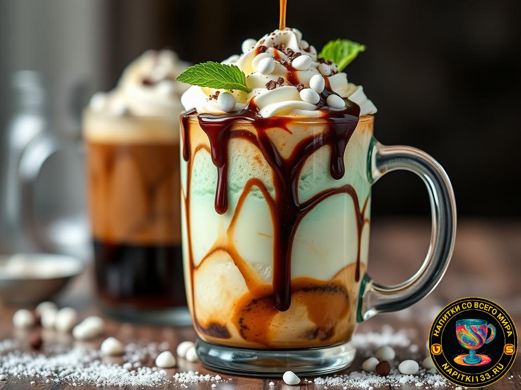 Peppermint mocha affogato с мятным мороженым и шоколадным сиропом Peppermint mocha affogato с мятным мороженым и шоколадным сиропом